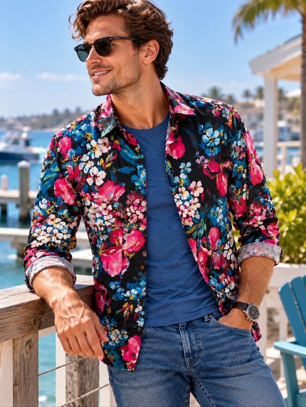 Express Men's Floral Button-Down Long Sleeve Shirt in Black, Pink & Blue Small